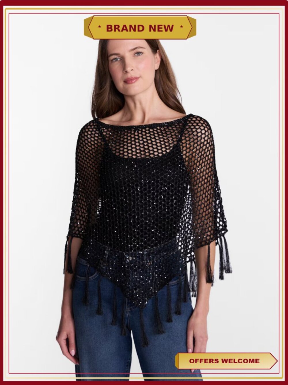 Sequin Poncho with Fringe Trim, Bohemian Sparkle Cover-Up